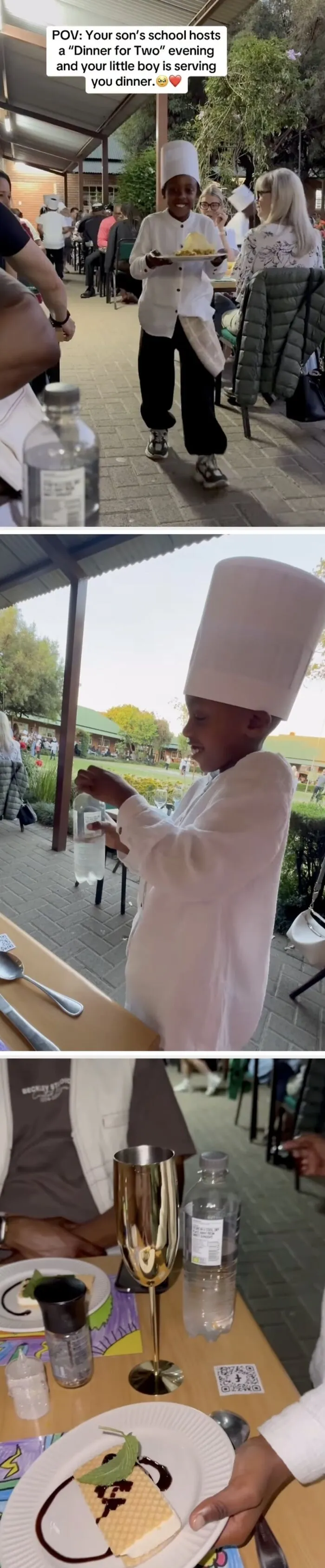 Young boy serving food in chef hat, capturing wholesome moments.