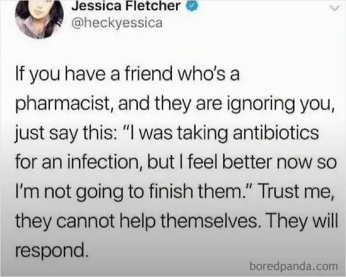 A text post about tricking a pharmacist friend into responding, showcasing complex memes and posts.