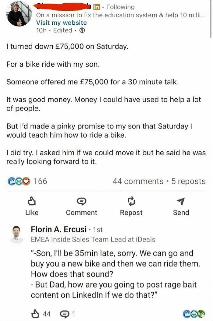 LinkedIn post about turning down 75000 pounds for a bike ride with son.