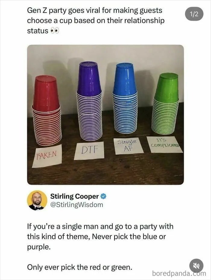 Stacks of colored plastic cups for relationship statuses in complex memes posts.