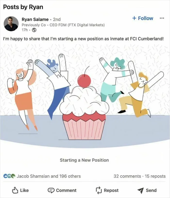 LinkedIn post joking about starting a new job as an inmate with cartoon celebration