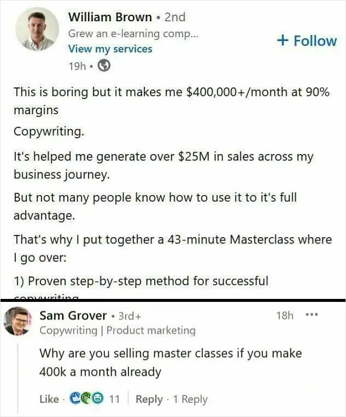 LinkedIn post discussing making 400k monthly from copywriting masterclass