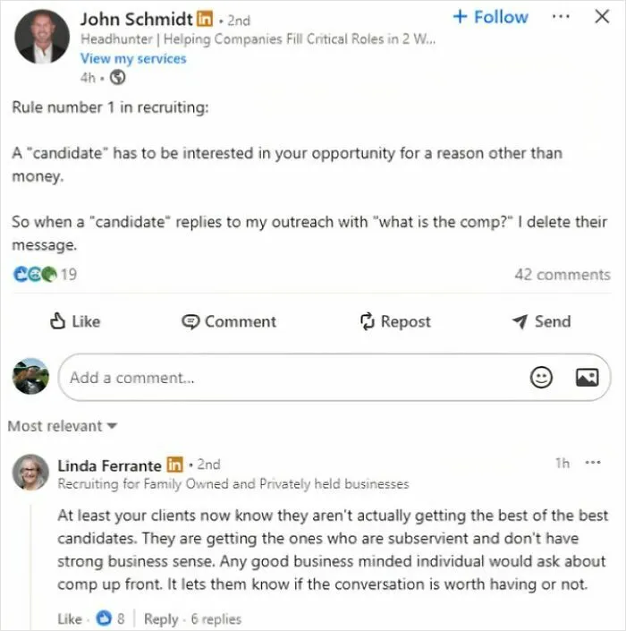 LinkedIn post about recruiting rule to avoid candidates focused only on compensation