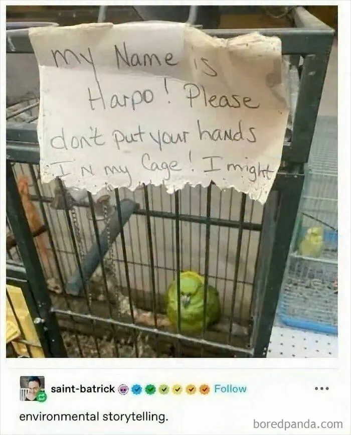A green parrot in a cage with a torn warning sign, showcasing environmental storytelling in complex memes.