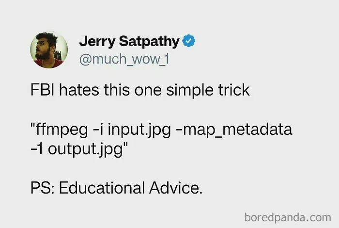 A social media post sharing command-line code as part of complex memes and posts explaining metadata removal.