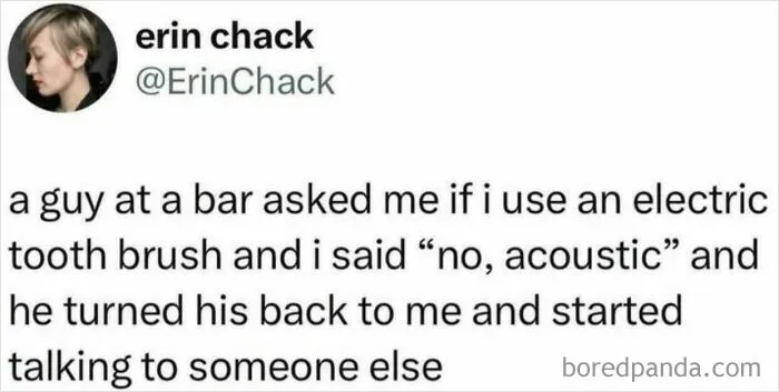 Social media post joke about an acoustic toothbrush as shared in complex memes.