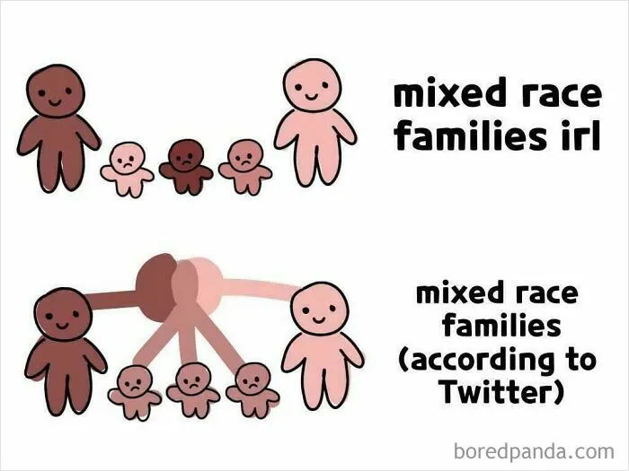 Illustration comparing mixed race families in real life versus online, featured in complex memes.