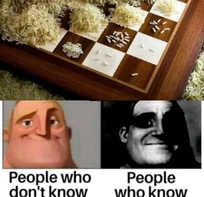 A chessboard exponentially covered in grains of rice beside a Mr Incredible meme image.