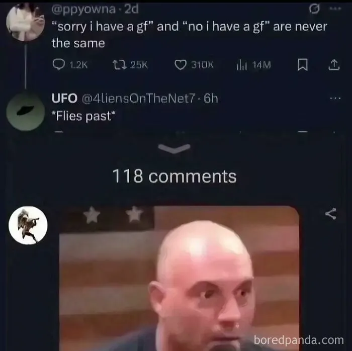 A social media post thread with Joe Rogan looking shocked, illustrating complex memes and posts.