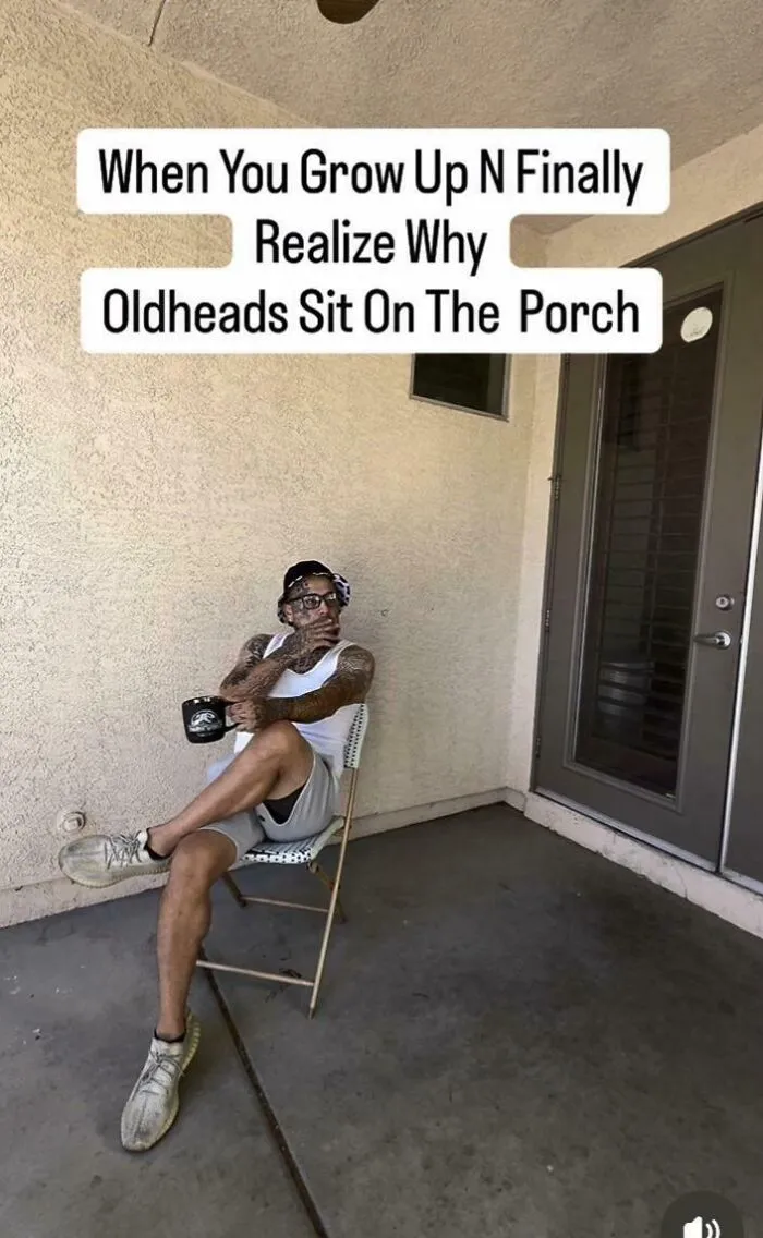 A man sitting on a chair on a porch holding a mug, featured in complex memes and posts.