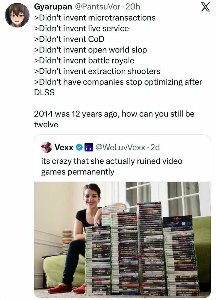 A social media post about video games as an example of complex memes and posts.