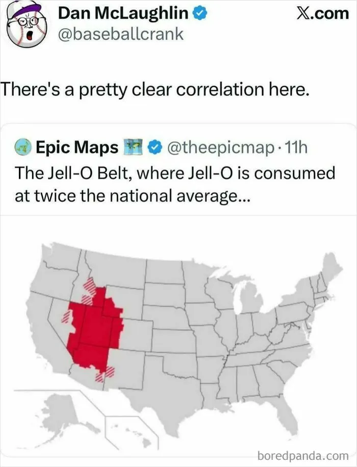 A social media post with a US map showing the Jell-O Belt, illustrating complex memes and posts.