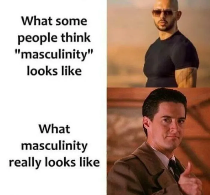 A comparison image showing Andrew Tate and Agent Cooper to contrast masculinity concepts in complex memes.