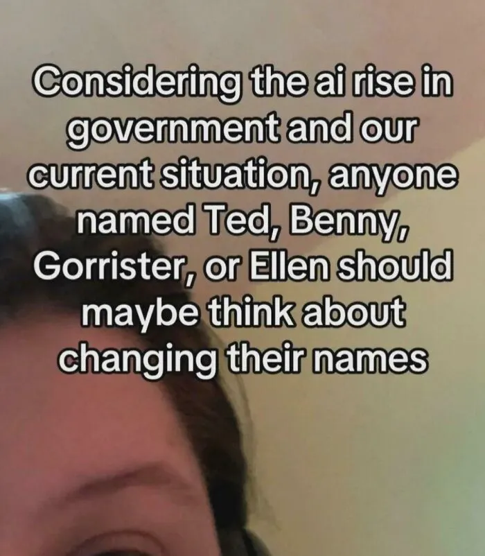 Text overlay on a face discussing AI and complex memes references