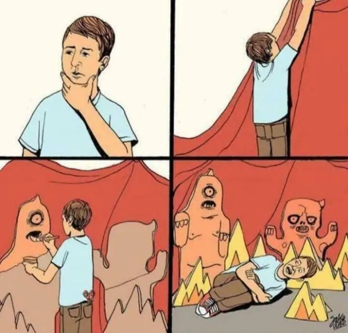 A comic illustrating self-created problems in a set of complex memes.