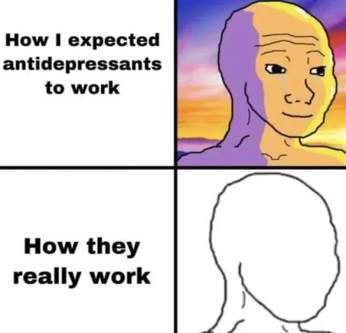 A four-panel meme comparing expected versus actual effects of antidepressants.