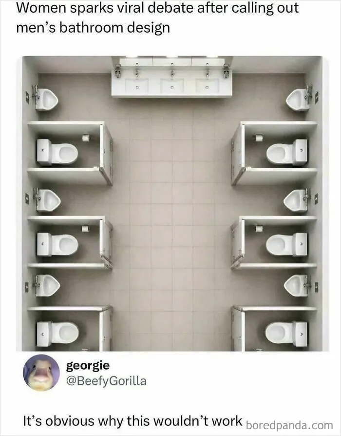 Top-down view illustration of a men bathroom design featured in complex memes.