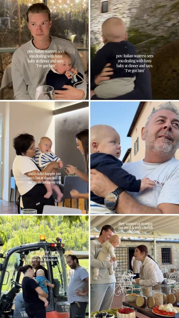 Restaurant staff holding baby for parents, showcasing wholesome moments.