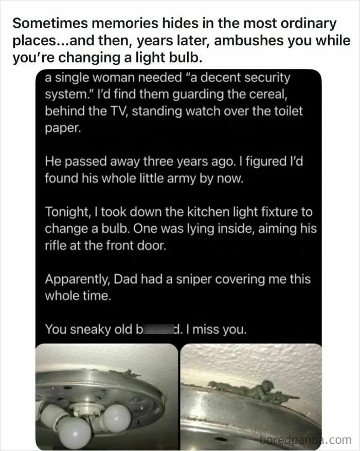 A toy army figure hidden in a light fixture, capturing one of the most wholesome moments shared online.