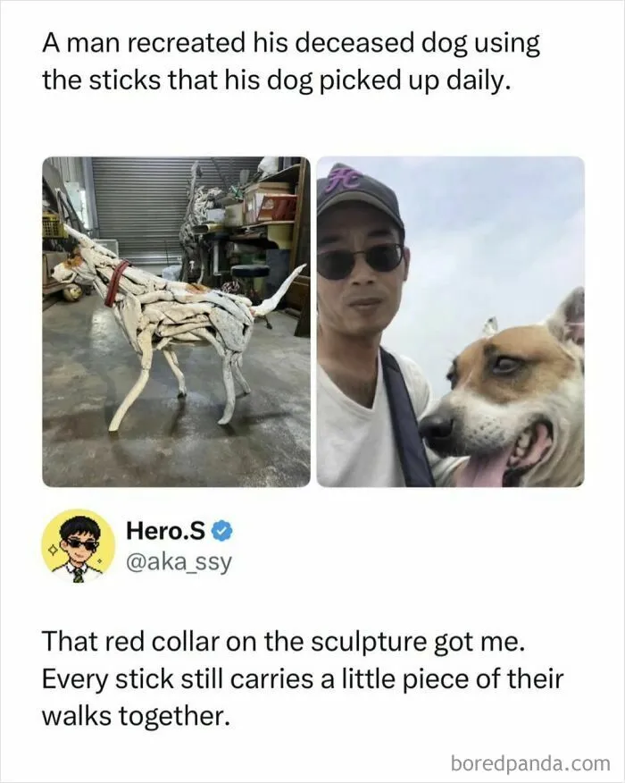 A dog sculpture made of collected sticks, showcased as one of the wholesome moments on the internet.