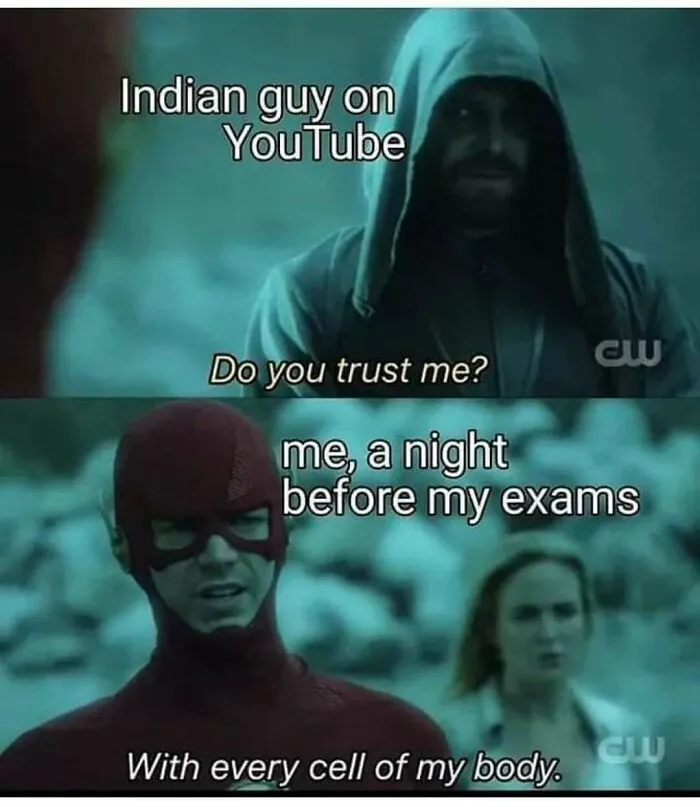 An amusing physics posts meme showing superhero characters trusting online tutorials the night before exams.