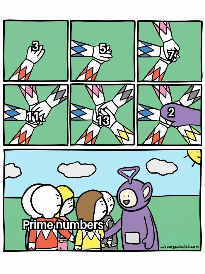 Humorous physics comic showing Power Rangers as prime numbers with the number 2 as a Teletubby.