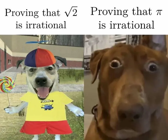 Dog reaction meme comparing easy and hard math proofs for amusing physics posts.