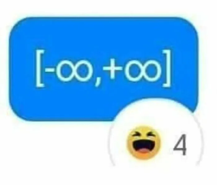 Blue chat bubble showing an interval from negative to positive infinity, part of funny physics posts