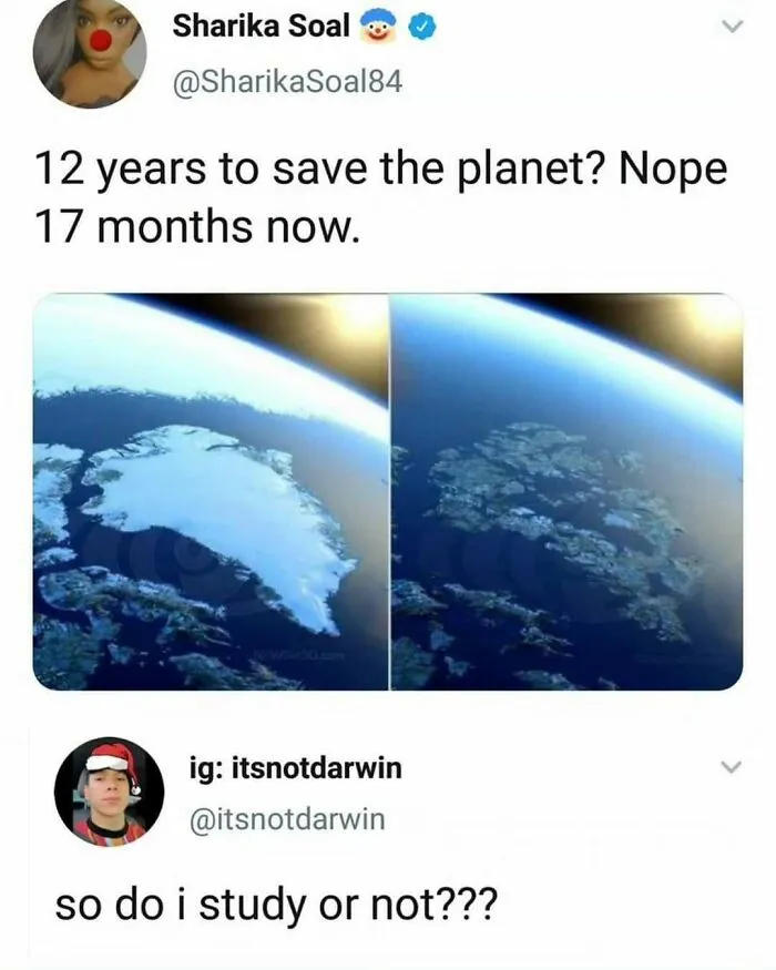 Social media post about global warming and studying, featured in amusing physics posts.