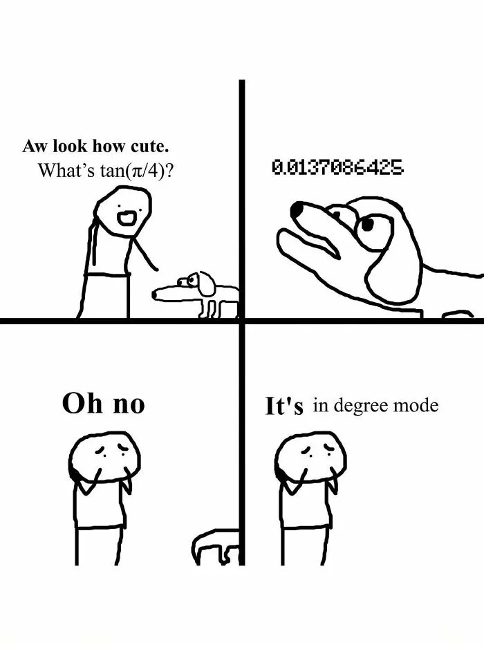 An amusing physics posts comic about a dog giving a math answer in degree mode instead of radians.