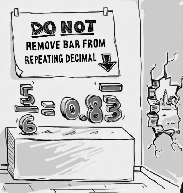 Amusing physics posts illustration warning not to remove the bar from a repeating decimal equation.