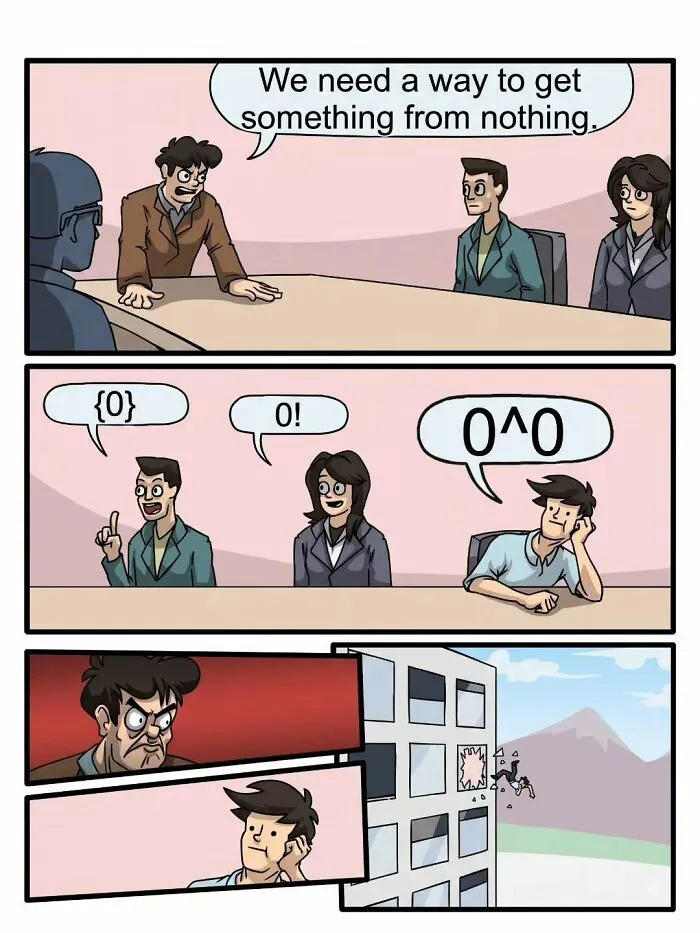 Amusing physics posts meme template showing a boardroom discussion about getting something from nothing.