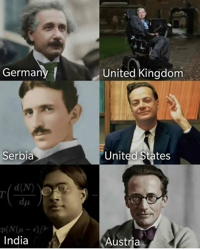 Amusing physics posts collage featuring famous scientists including Einstein, Hawking, Tesla, and Feynman.
