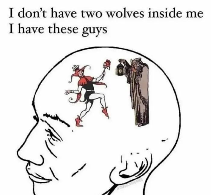 Relatable memes depicting a jester and a hooded wizard inside the silhouette of a human head.