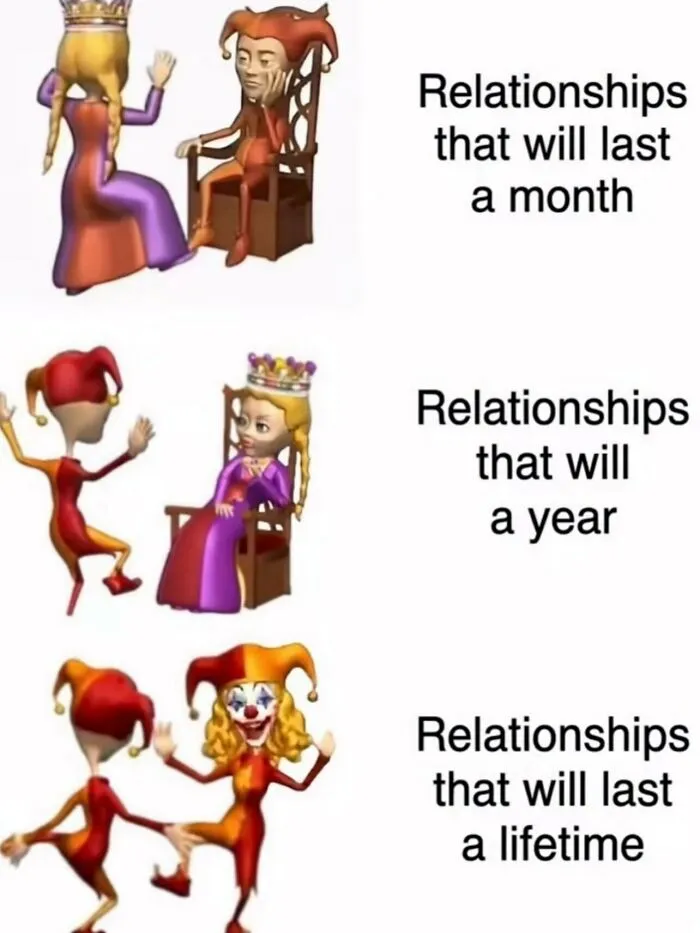 Relatable memes illustrating relationship longevity comparisons using 3D court jester and queen figures.