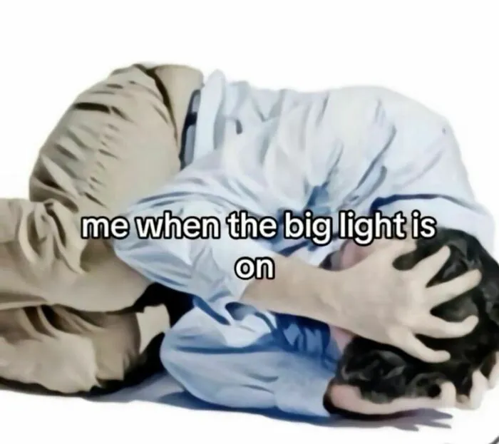 Relatable memes featuring a person curled into a ball covering their head with the text me when the big light is on.