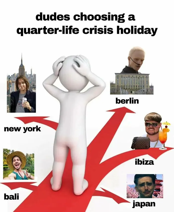 Diagram showing vacation paths for a quarter-life crisis in a funny, relatable meme.