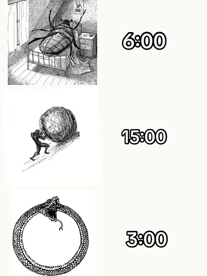 An illustration depicting daily existential routines with Kafka and Sisyphus references, funny memes