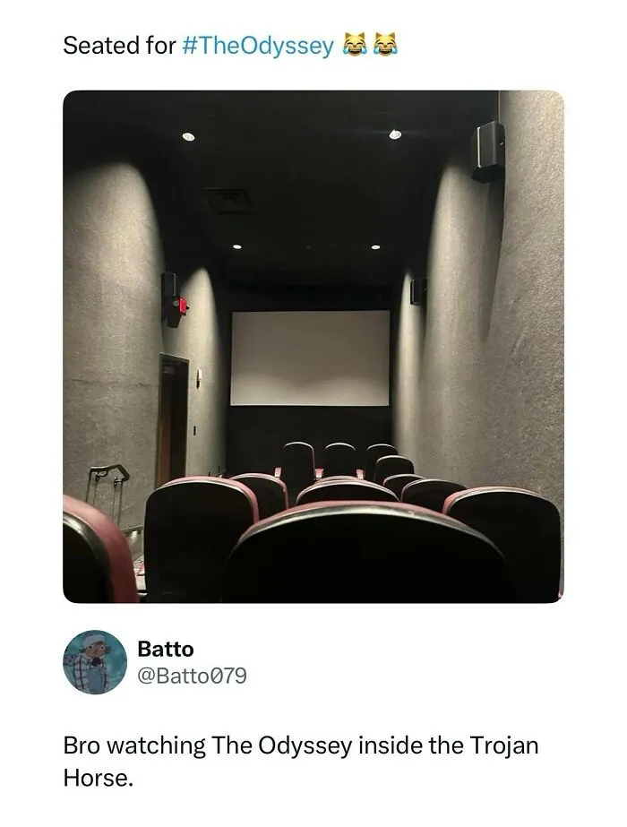 A tweet joking about sitting in a long narrow movie theater room, relatable memes
