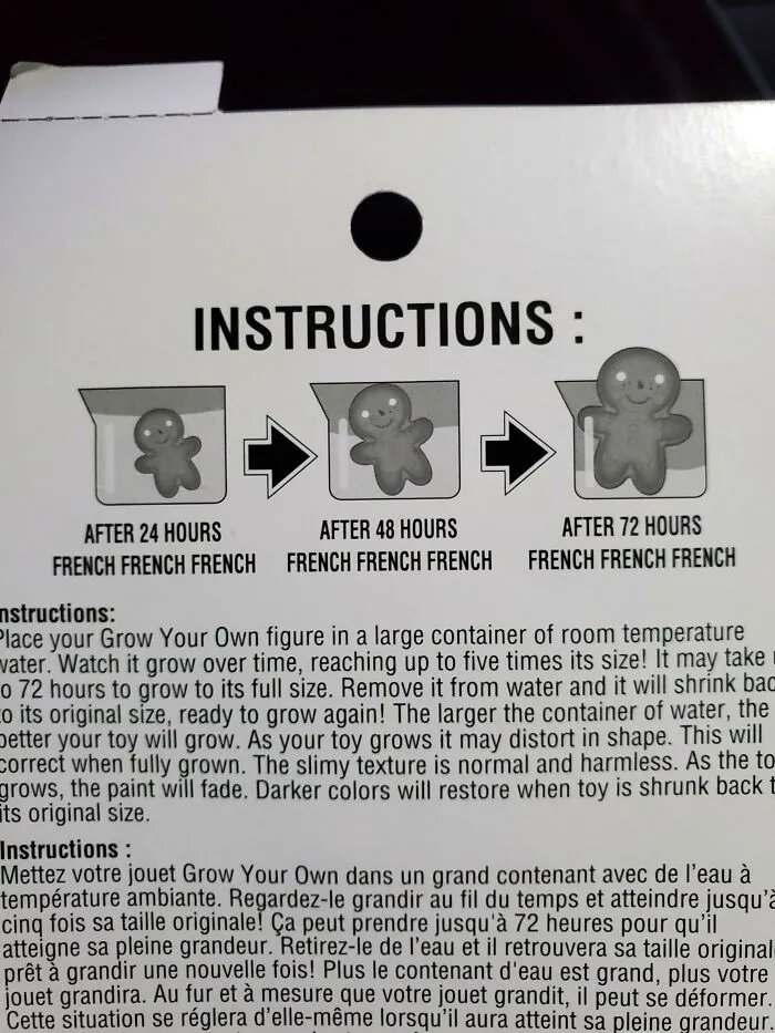 Package instructions showing text placeholder FRENCH FRENCH FRENCH as packaging fails.