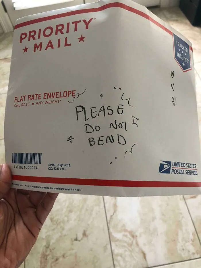 USPS priority mail envelope marked Do Not Bend showing bad packaging fails.