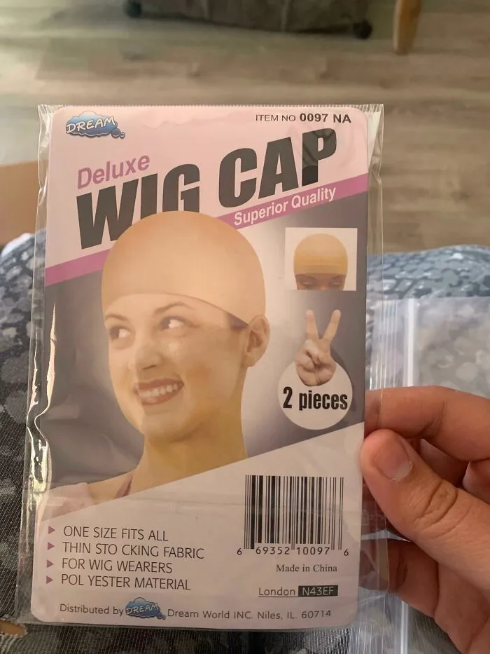 A product package demonstrating bad packaging fails with misspelled words on a wig cap label.