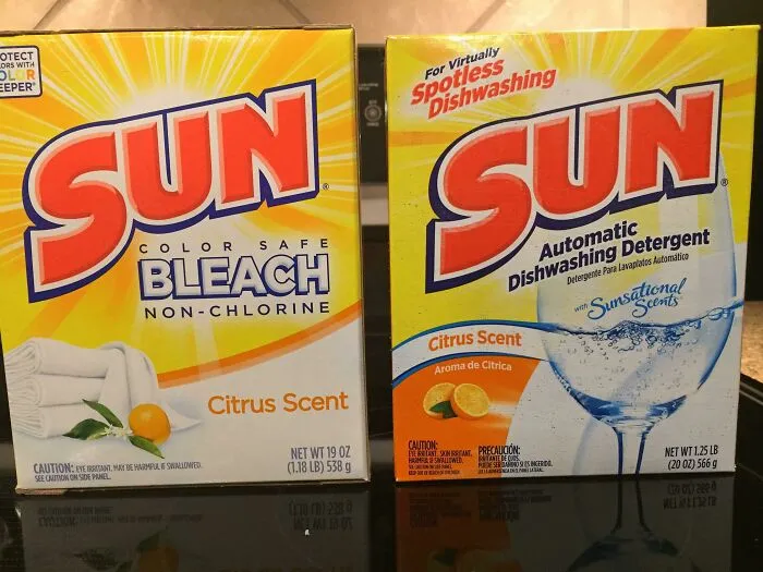 Two Sun brand detergent boxes with identical designs placed side by side, highlighting bad packaging fails.