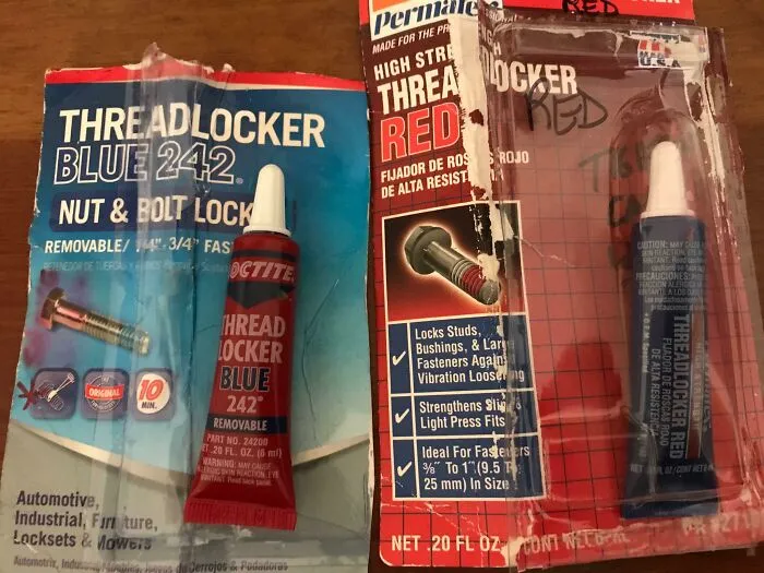 Misleading glue tubes showing bad packaging fails on threadlocker product cards.
