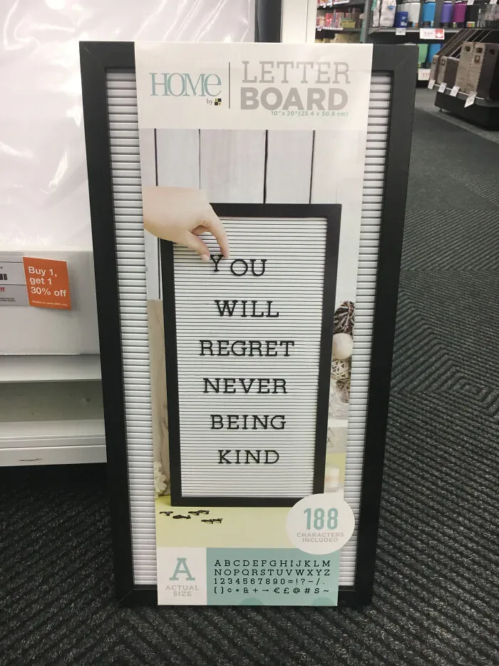 Home letter board box displaying confusing text layout as a packaging fail example