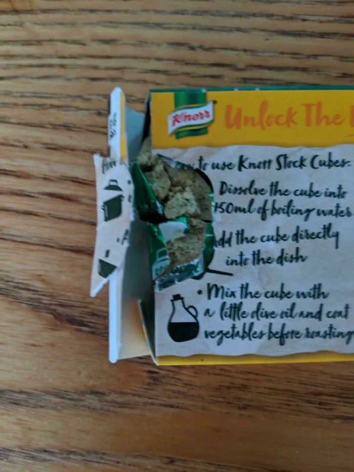 Damaged Knorr stock cube box demonstrating bad packaging fails