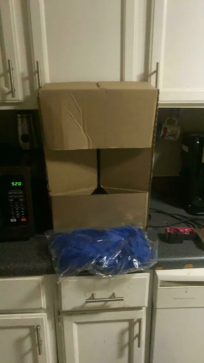 Massive cardboard box sitting on a kitchen counter containing a tiny package demonstrating bad packaging fails.