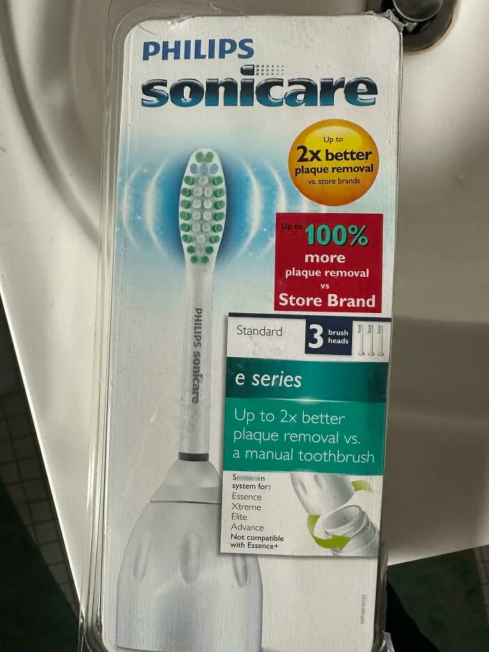 Philips Sonicare toothbrush package showing an embarrassing packaging fail typo and layout