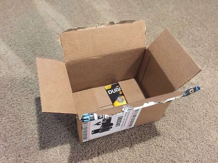 Single tiny battery pack inside a oversized shipping box showing packaging fails