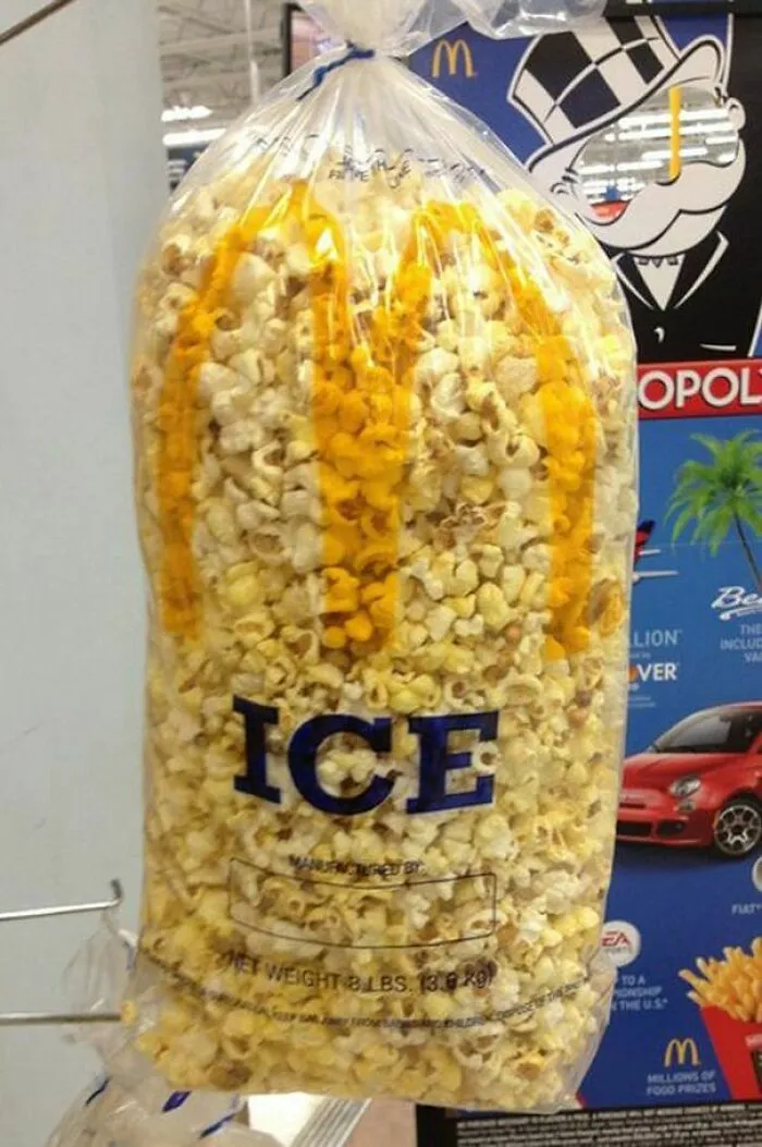 Popcorn mislabeled in a bag printed with ICE, illustrating funny packaging fails.